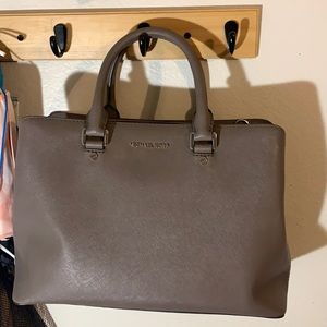 Taupe satchel w/ shoulder strap+silk storage bag